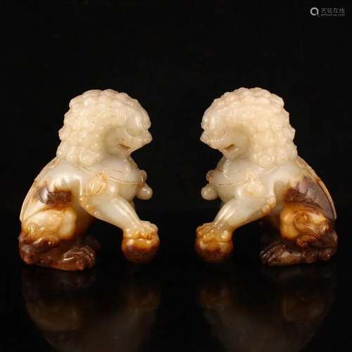 Pair Superb Vintage Hetian Jade Lucky Lion Statues