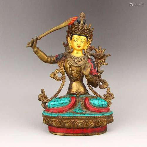 Tibetan Buddhism Red Copper Inlay Turquoise Statue