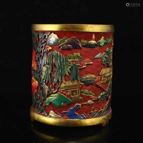 Gilt Gold Lacquerware Mountain Village Scene Brush Pot