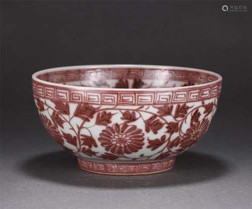 A CHINESE RED UNDER GLAZE PORCELAIN FLORAL BOWL