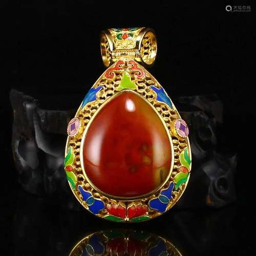 Gilt Gold Silver Wire Enamel ZhanGuoHong Agate Pendant