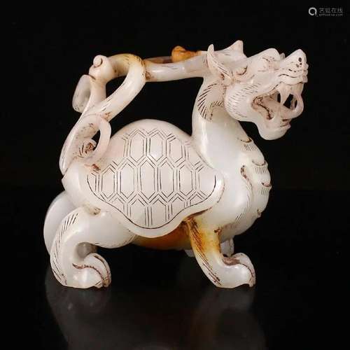 Superb Chinese Hetian Jade Fortune Dragon Turtle Statue