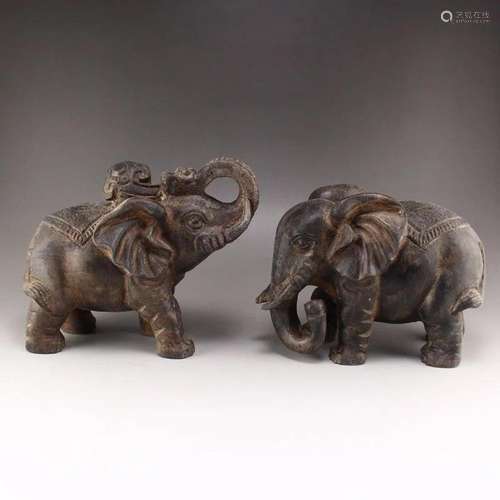 A Pair Chinese Stone Carved Lucky Elephant Statues