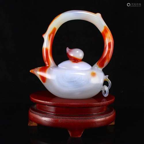 Hand Carved Chinese Agate Handle Teapot w Certificate