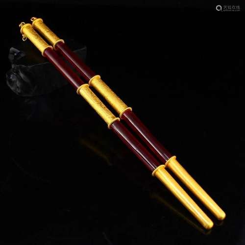 Gilt Gold Red Copper Inlay Red Zircon Chopsticks