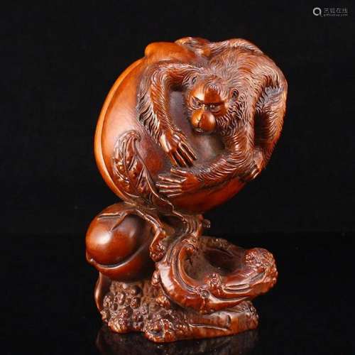 Chinese Boxwood Wood Monkey & Peach Statue