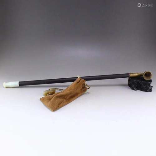 Chinese Zitan Wood Inlay Hetian Jade Long-stemmed Pipe