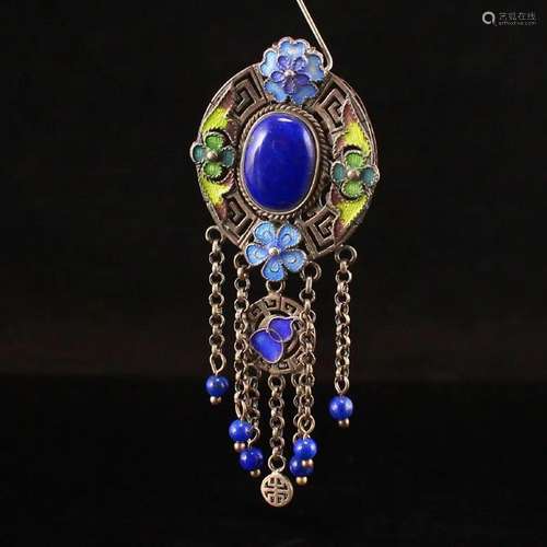 Pure Silver Enamel Inlay Natural Lapis Lazuli Pendant