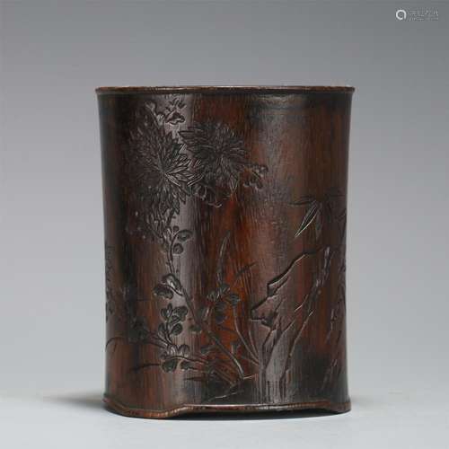 A CHINESE HARDWOOD BRUSH POT