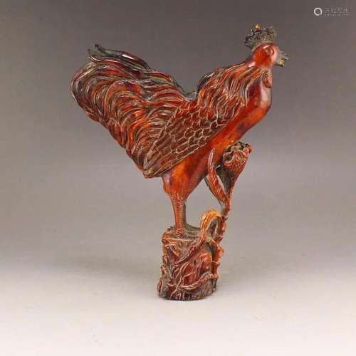 Vintage Deer Horn Carved Rooster Statue