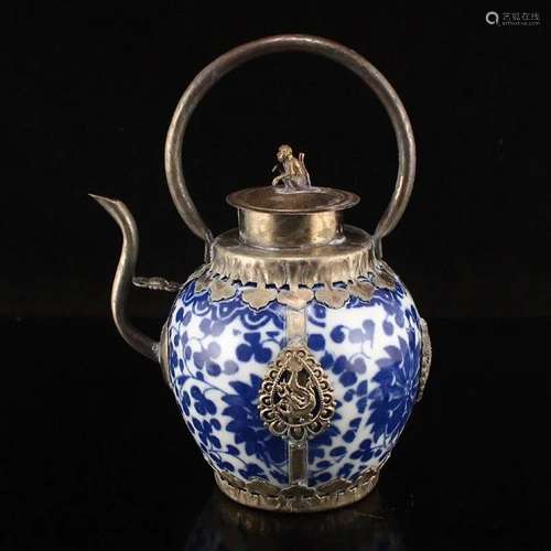 White Copper & Bule and White Porcelain Handle Teapot