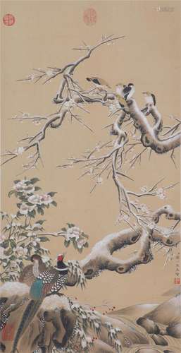 A CHINESE PAINTING OF FLOWERS AND BIRDS