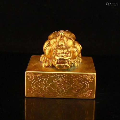 Vintage Chinese Gilt Gold Red Copper Unicorn Seal