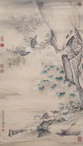 A CHINESE PAINTING OF FLOWERS AND BIRDS