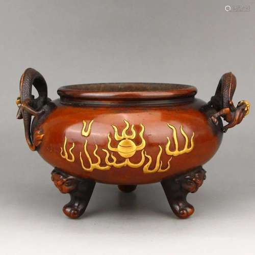 Gilt Gold Red Copper Double Dragon Ears Incense Burner