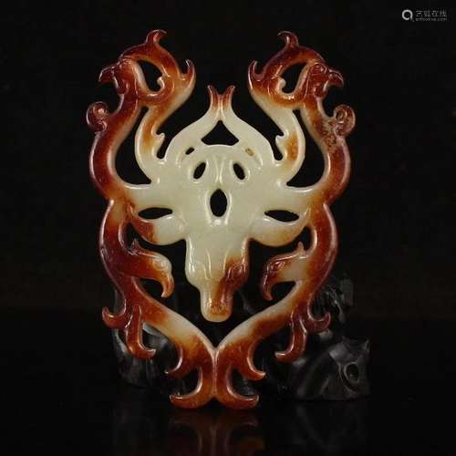 Openwork Vintage Hetian Jade Deer & Phoenix Pendant