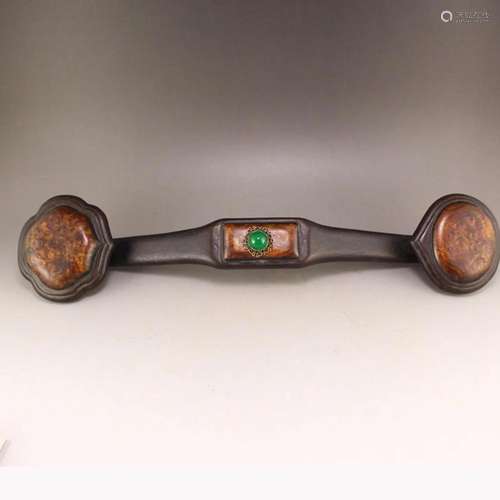 Chinese Zitan Wood Inlay Huali Wood & Gem Ruyi Scepter