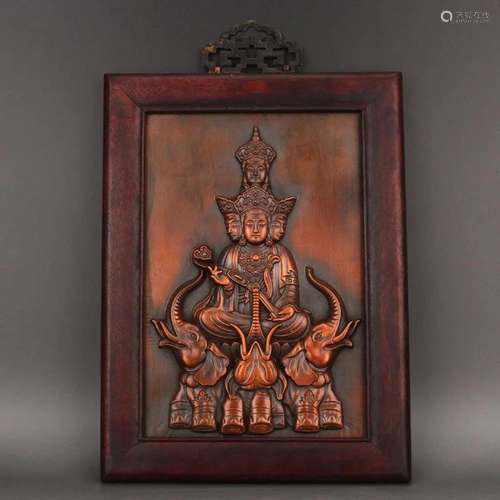 Zitan Wood Inlay Red Copper Buddhism Figure Tangka