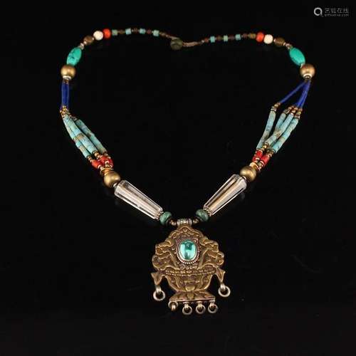 Tibetan Silver Inlay Turquoise Pendant W Necklace