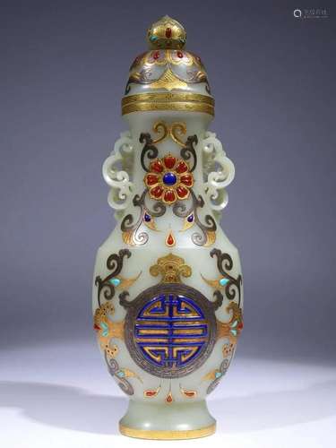 Qing Dynasty - White Jade Gems Embedded Gold Wrapped