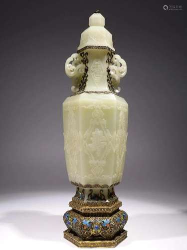 Qing Dynasty Qianlong Period - White Jade Gilt Silver