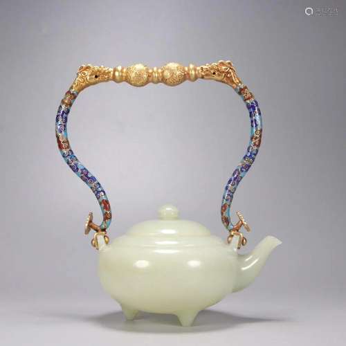 Qing Dynasty - White Jade Dragons Handle Pot