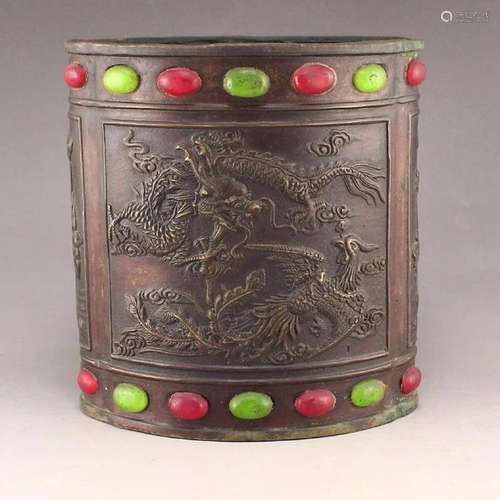 Chinese Red Copper Inlay Gem Dragon Phoenix Brush Pot