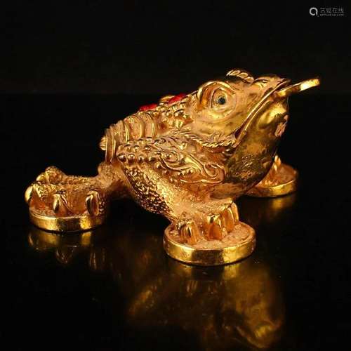 Gilt Gold Red Copper Inlay Gem Fortune Toad Statue