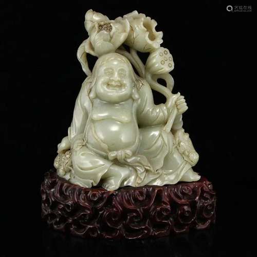 Chinese Hetian Jade Laughing Buddha & Lotus Pod Statue