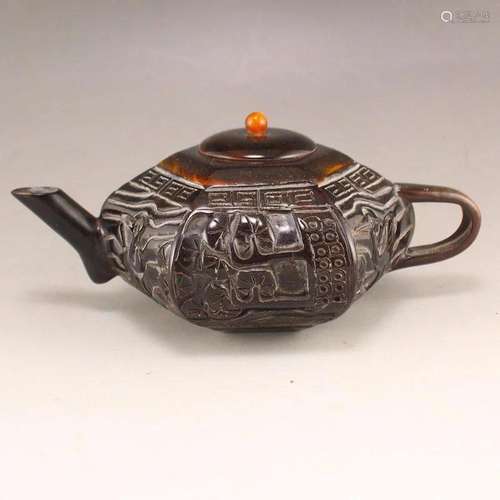 Vintage Ox Horn Carved Teapot