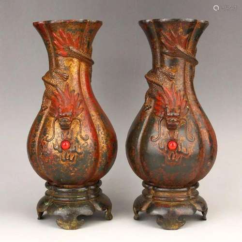 A Pair Qing Dy Red Copper Dragon & Fireball Vase & B...