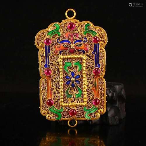 Exquisite Qing Dy Gold Wire Enamel Inlay Ruby Pendant