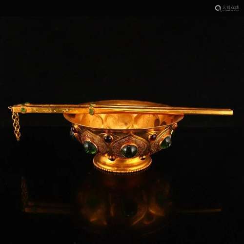 Gilt Gold Red Copper Inlay Gems Bowl & Chopsticks