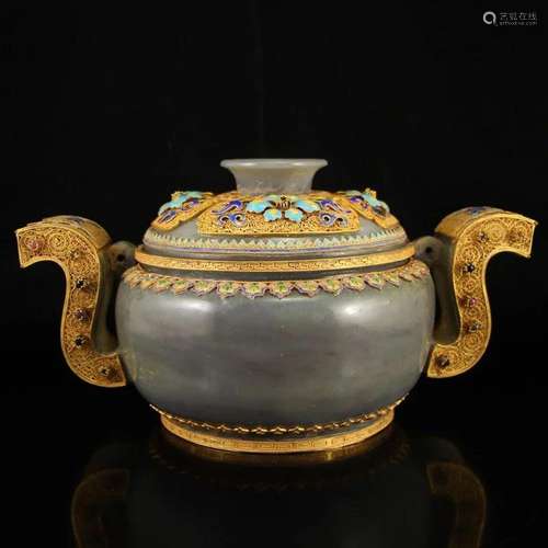 Hetian Jade Gold Wire Enamel Gem Big Incense Burner