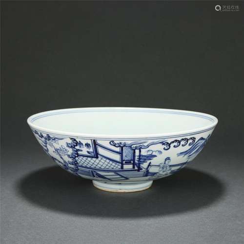 A CHINESE BLUE AND WHITE PORCELAIN FIGURES STORY BOWL