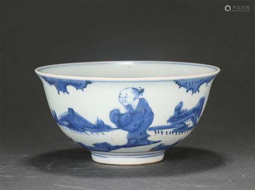 A CHINESE BLUE AND WHITE PORCELAIN FIGURES STORY BOWL