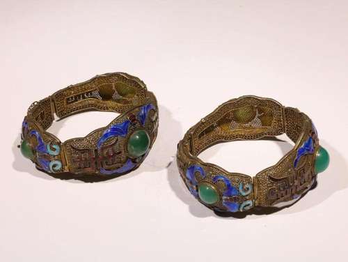 Gilt Silver Filigree Enamel Color Gems Embedded Bangle