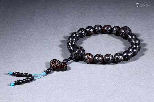 Agarwood Silver Inlaid Om mani padme hum Eighteen Bead