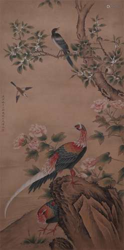 A CHINESE PAINTING OF FLOWERS AND BIRDS