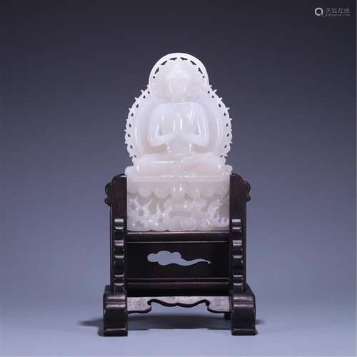 A CHINESE JADE FIGURE OF BUDDHA TABLE SCREEN