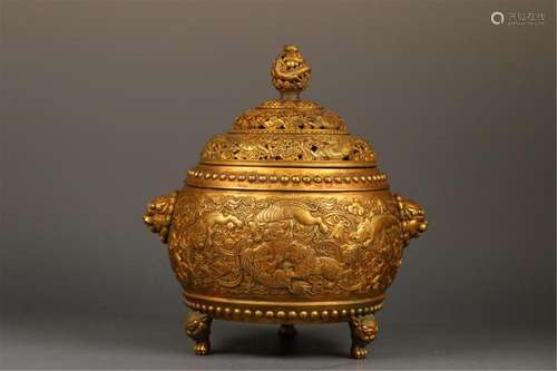 A CHINESE GILT BRONZE DOUBLE LIONS EAARS CENSER