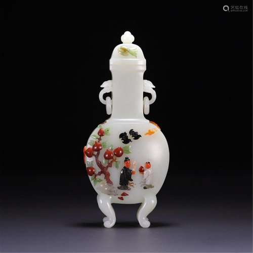 A CHINESE JADE INLAID GEMSOTNES VASE