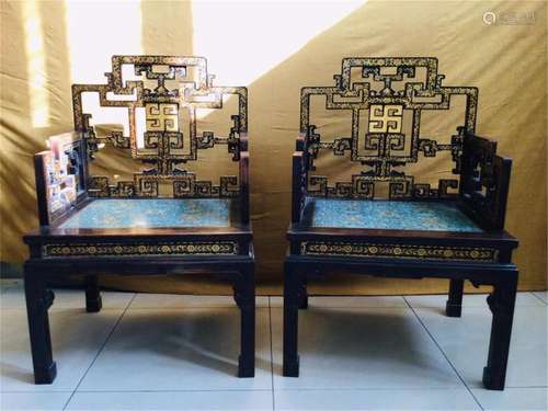 A PAIR OF CHINESE WOOD INLAID CLOISONNE CHAIRS