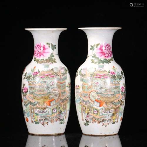 A PAIR OF CHINESE QIANJIANG COLOR GLAZE PORCELAIN 古VIEWS VA...