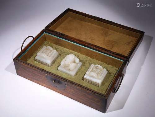 Qing Dynasty - White Jade Seal Set of Three