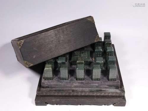 Qing Dynasty - Green Jade Poem Seal Lidded Box Set