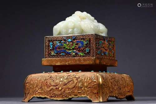 White Jade Gilt Silver Filigree Dragon Stationery Seal