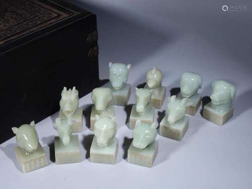 Qing Dynasty - Hetian Jade Chinese Zodiac Poem Seal Set