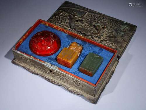 Qing Dynasty - Shoushan Stone Seal Glass Ink Clay Box