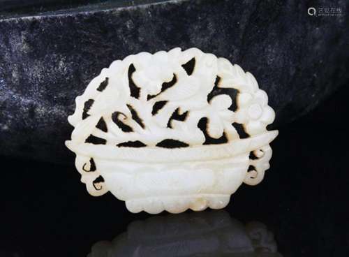 A FINE FLOWER BASKET PATTERN PALE CELADON JADE